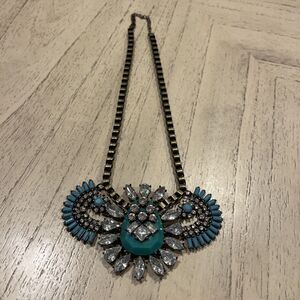 Large Statement Necklace 18 In Brass Chain Aqua Turquoise Rhinestone Bling Glam